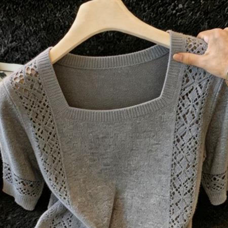 BY13489# 复古chic洋气方领短袖针织衫女春夏季新款超好看爆款显瘦上衣 服裝批發女裝批發服飾貨源