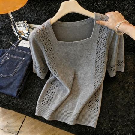 BY13489# 复古chic洋气方领短袖针织衫女春夏季新款超好看爆款显瘦上衣 服裝批發女裝批發服飾貨源