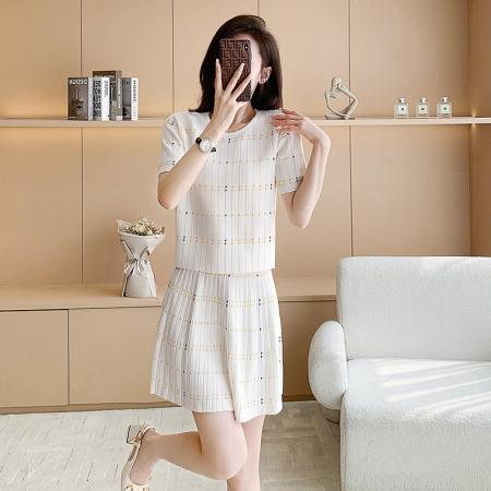 BY13491# 小香风冰丝针织套装女夏季新款时尚休闲短袖套装两件套装裙子 服裝批發女裝批發服飾貨源