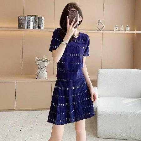 BY13491# 小香风冰丝针织套装女夏季新款时尚休闲短袖套装两件套装裙子 服裝批發女裝批發服飾貨源