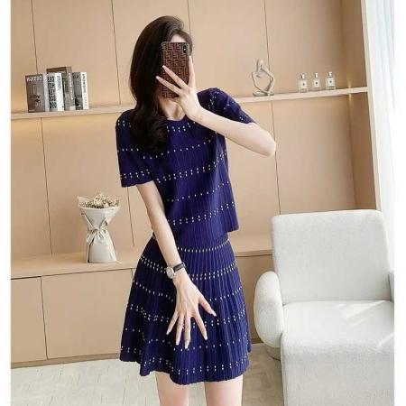 BY13491# 小香风冰丝针织套装女夏季新款时尚休闲短袖套装两件套装裙子 服裝批發女裝批發服飾貨源