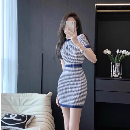 BY13492# 蓝色显瘦设计感显瘦针织弹力连衣裙气质时尚夏季休闲修身裙子 服裝批發女裝批發服飾貨源