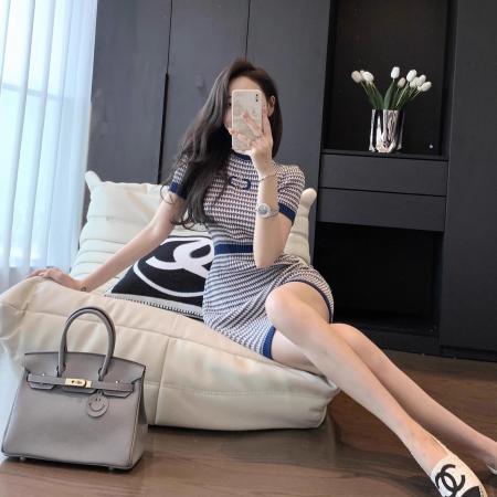 BY13492# 蓝色显瘦设计感显瘦针织弹力连衣裙气质时尚夏季休闲修身裙子 服裝批發女裝批發服飾貨源