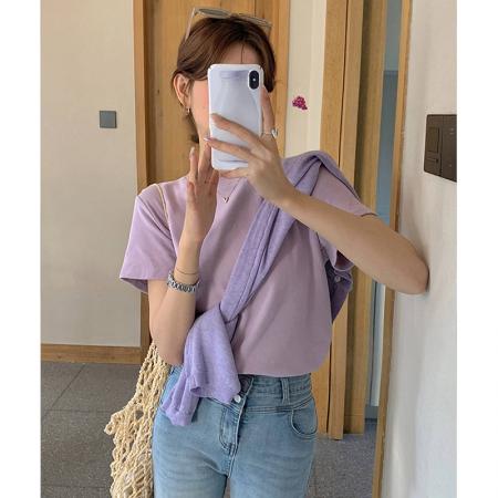 美拉德短袖T恤女夏季多巴胺半袖韩版宽松圆领体恤纯色百搭打底衫  服裝批發女裝批發服飾貨源