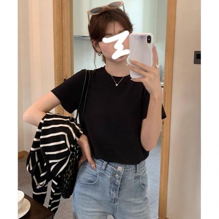 美拉德短袖T恤女夏季多巴胺半袖韩版宽松圆领体恤纯色百搭打底衫  服裝批發女裝批發服飾貨源
