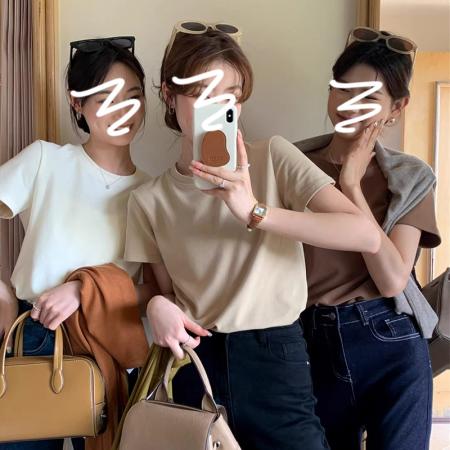 美拉德短袖T恤女夏季多巴胺半袖韩版宽松圆领体恤纯色百搭打底衫  服裝批發女裝批發服飾貨源