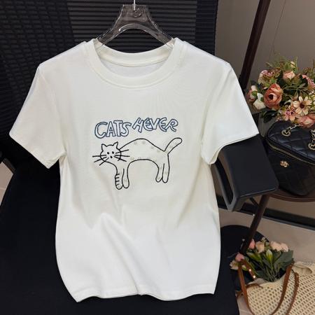 重工钉珠绣花短袖T恤女韩版宽松休闲半袖夏季新款洋气上衣服  服裝批發女裝批發服飾貨源
