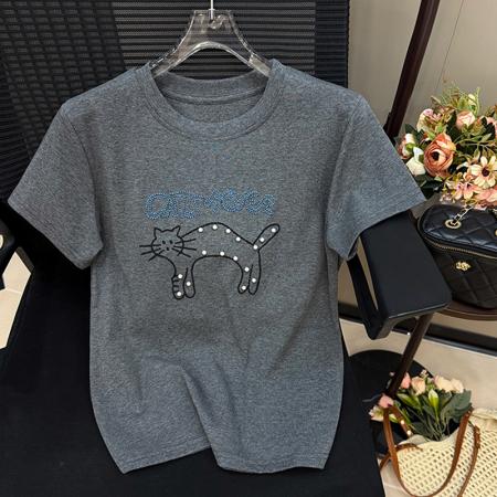 重工钉珠绣花短袖T恤女韩版宽松休闲半袖夏季新款洋气上衣服  服裝批發女裝批發服飾貨源