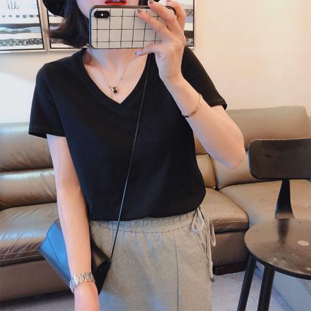 BY13499# 新款夏季V领短袖T恤女韩版休闲宽松正肩半袖时尚纯色百搭上衣  服裝批發女裝批發服飾貨源