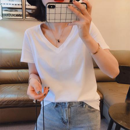 BY13499# 新款夏季V领短袖T恤女韩版休闲宽松正肩半袖时尚纯色百搭上衣  服裝批發女裝批發服飾貨源