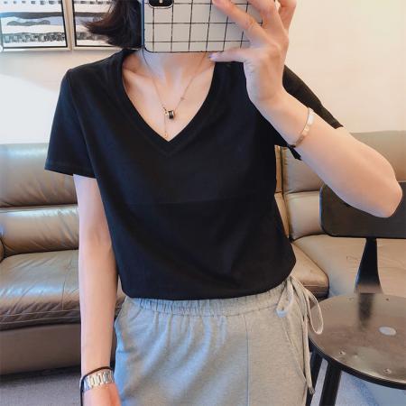 BY13499# 新款夏季V领短袖T恤女韩版休闲宽松正肩半袖时尚纯色百搭上衣  服裝批發女裝批發服飾貨源