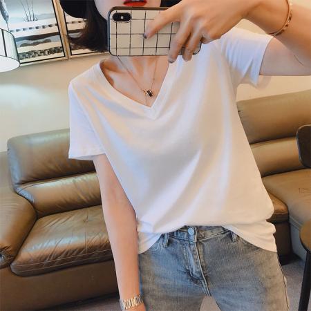 BY13499# 新款夏季V领短袖T恤女韩版休闲宽松正肩半袖时尚纯色百搭上衣  服裝批發女裝批發服飾貨源