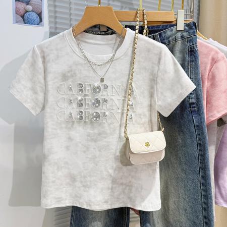 BY13500# 重工字母亮片绣花短袖t恤女夏季韩版宽松休闲圆领半袖上衣服  服裝批發女裝批發服飾貨源