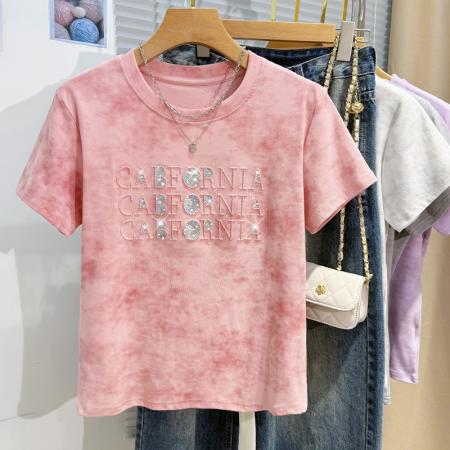 BY13500# 重工字母亮片绣花短袖t恤女夏季韩版宽松休闲圆领半袖上衣服  服裝批發女裝批發服飾貨源