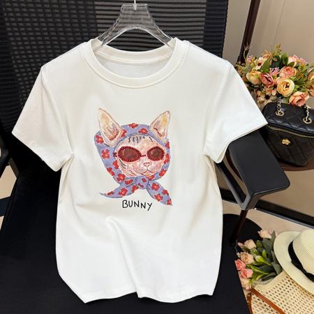 BY13502# 钉珠印花短袖T恤女韩版夏季宽松圆领半袖设计感洋气体恤上衣  服裝批發女裝批發服飾貨源