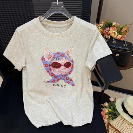 BY13502# 钉珠印花短袖T恤女韩版夏季宽松圆领半袖设计感洋气体恤上衣  服裝批發女裝批發服飾貨源