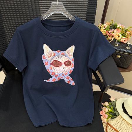 BY13502# 钉珠印花短袖T恤女韩版夏季宽松圆领半袖设计感洋气体恤上衣  服裝批發女裝批發服飾貨源