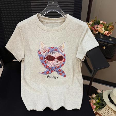 BY13502# 钉珠印花短袖T恤女韩版夏季宽松圆领半袖设计感洋气体恤上衣  服裝批發女裝批發服飾貨源