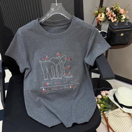 BY13503# 刺绣小象T恤女夏正肩短袖超火爆款正肩半袖韩版休闲上衣  服裝批發女裝批發服飾貨源