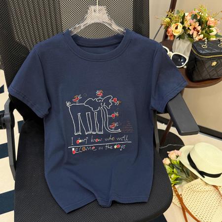 BY13503# 刺绣小象T恤女夏正肩短袖超火爆款正肩半袖韩版休闲上衣  服裝批發女裝批發服飾貨源