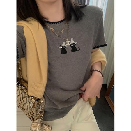 设计感猫咪刺绣t恤女夏季宽松休闲短袖韩版百搭显瘦半袖上衣  服裝批發女裝批發服飾貨源