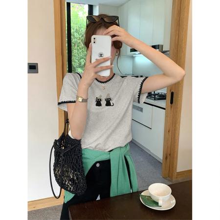 设计感猫咪刺绣t恤女夏季宽松休闲短袖韩版百搭显瘦半袖上衣  服裝批發女裝批發服飾貨源