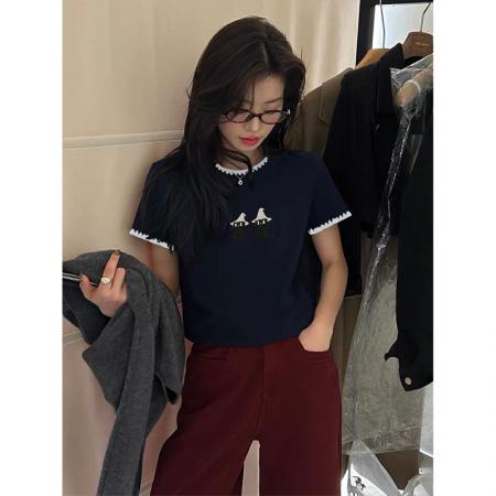 设计感猫咪刺绣t恤女夏季宽松休闲短袖韩版百搭显瘦半袖上衣  服裝批發女裝批發服飾貨源