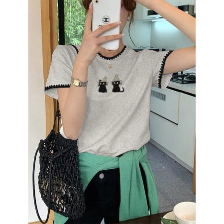 设计感猫咪刺绣t恤女夏季宽松休闲短袖韩版百搭显瘦半袖上衣  服裝批發女裝批發服飾貨源