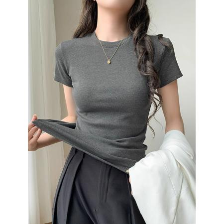 BY13505# 小个子正肩夏季短袖t恤女新款韩版纯色半袖紧身圆领软糯上衣  服裝批發女裝批發服飾貨源