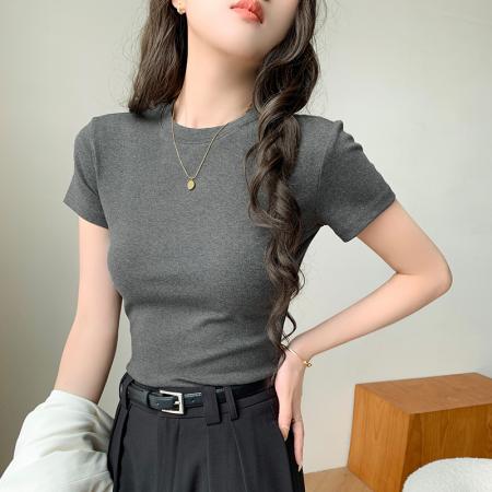 BY13505# 小个子正肩夏季短袖t恤女新款韩版纯色半袖紧身圆领软糯上衣  服裝批發女裝批發服飾貨源