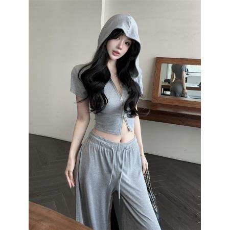 休闲连帽短袖运动上衣抽绳直筒拖地裤两件套  服裝批發女裝批發服飾貨源