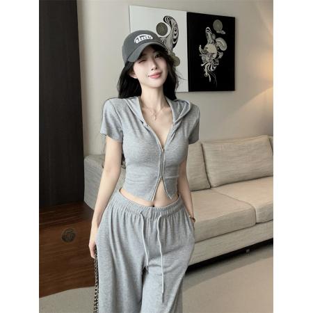 休闲连帽短袖运动上衣抽绳直筒拖地裤两件套  服裝批發女裝批發服飾貨源