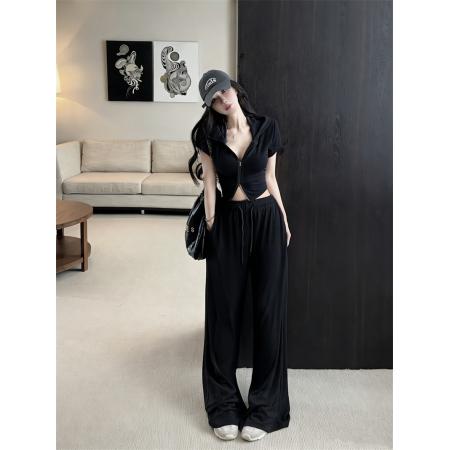 休闲连帽短袖运动上衣抽绳直筒拖地裤两件套  服裝批發女裝批發服飾貨源