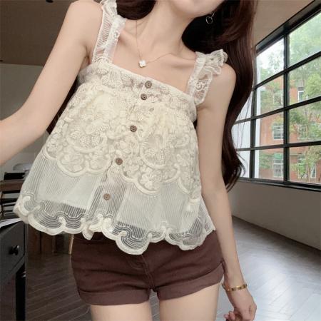 BY13510# 重工刺绣蕾丝方领甜美吊带背心无袖上衣  服裝批發女裝批發服飾貨源
