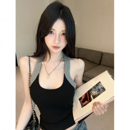 BY13516# 复古辣妹撞色挂脖吊带背心性感露背上衣  服裝批發女裝批發服飾貨源