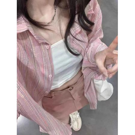 新款早春装外搭开衫慵懒宽松上衣防晒衬衣粉色条纹衬衫外套女  服裝批發女裝批發服飾貨源