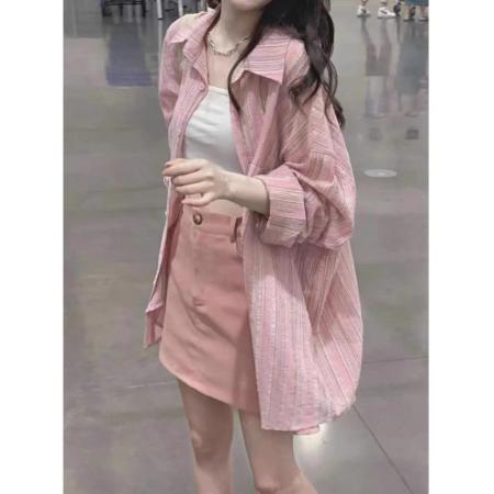 新款早春装外搭开衫慵懒宽松上衣防晒衬衣粉色条纹衬衫外套女  服裝批發女裝批發服飾貨源