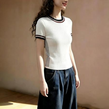 女装圆领短袖春季韩版上衣短款针织t恤杏色上衣  服裝批發女裝批發服飾貨源