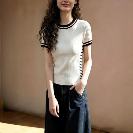 女装圆领短袖春季韩版上衣短款针织t恤杏色上衣  服裝批發女裝批發服飾貨源