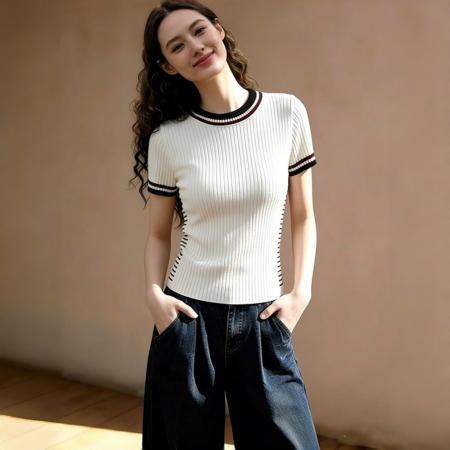 女装圆领短袖春季韩版上衣短款针织t恤杏色上衣  服裝批發女裝批發服飾貨源