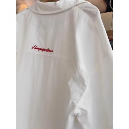 韩系穿搭白色polo领防晒衬衫夏装后背字母衬衣薄款开衫  服裝批發女裝批發服飾貨源