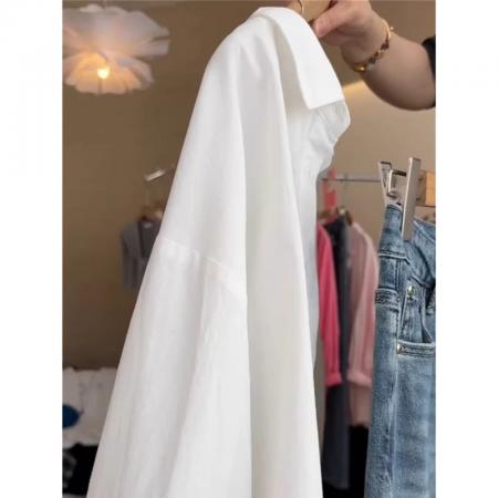 韩系穿搭白色polo领防晒衬衫夏装后背字母衬衣薄款开衫  服裝批發女裝批發服飾貨源