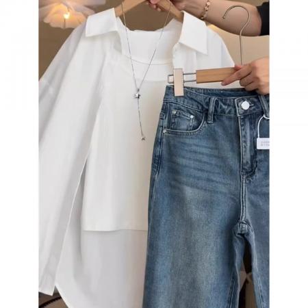 韩系穿搭白色polo领防晒衬衫夏装后背字母衬衣薄款开衫  服裝批發女裝批發服飾貨源