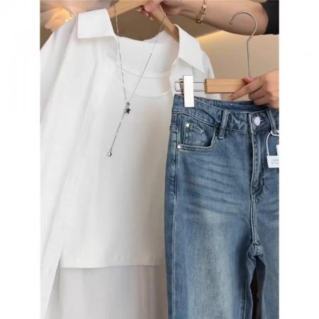 韩系穿搭白色polo领防晒衬衫夏装后背字母衬衣薄款开衫  服裝批發女裝批發服飾貨源