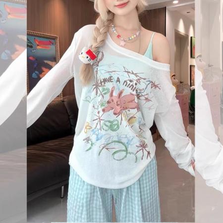 亚麻雪花长袖T恤防晒衫打底衫罩衫透气宽松  服裝批發女裝批發服飾貨源