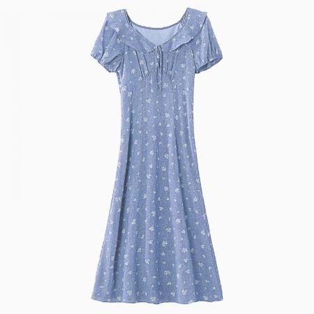 BY13529# 碎花连衣裙夏季新款女装泡泡袖收腰V领仿牛仔日系娃娃裙  服裝批發女裝批發服飾貨源