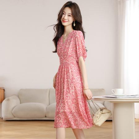 BY13544# 小个子夏季短袖雪纺碎花连衣裙新款v领修身气质显瘦a字裙子女  服裝批發女裝批發服飾貨源