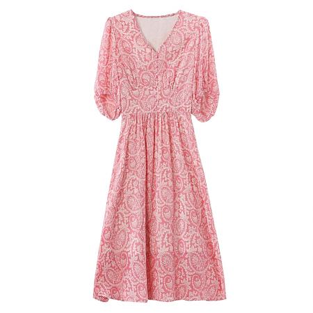 BY13544# 小个子夏季短袖雪纺碎花连衣裙新款v领修身气质显瘦a字裙子女  服裝批發女裝批發服飾貨源