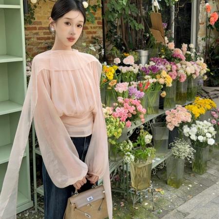 早春新款法式慵懒风圆领拼接飘带抽褶气质小衫收腰衬衫  服裝批發女裝批發服飾貨源