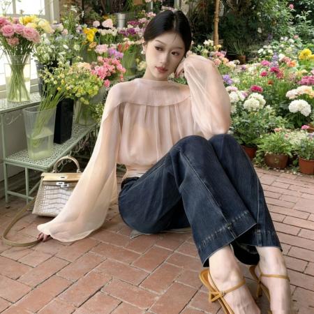 早春新款法式慵懒风圆领拼接飘带抽褶气质小衫收腰衬衫  服裝批發女裝批發服飾貨源